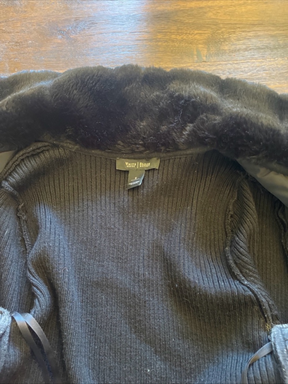 White House Black Market Black Knit Coat with Faux Fur Collar